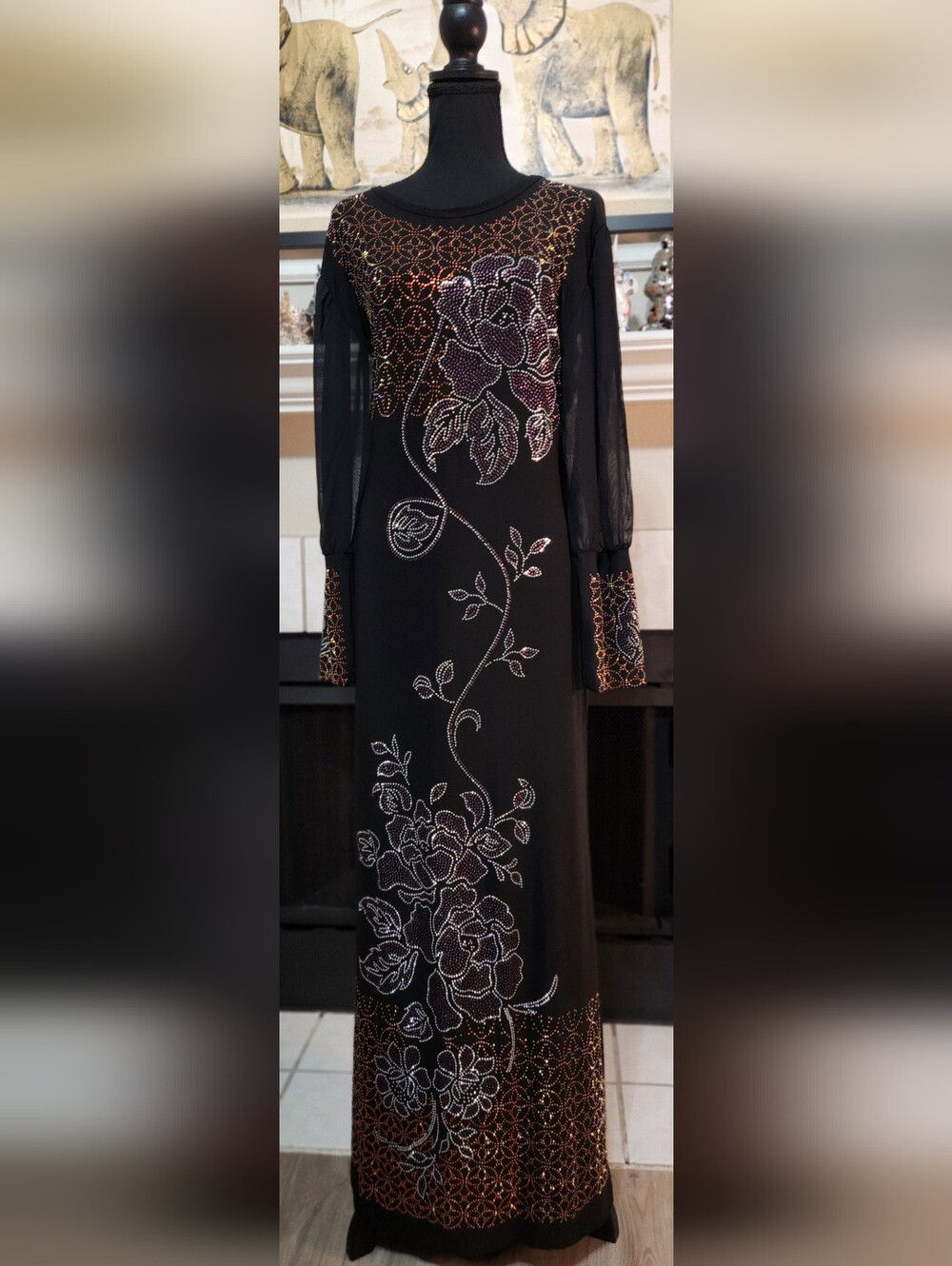 Black Embellished Long-Sleeve Floral Maxi Dress